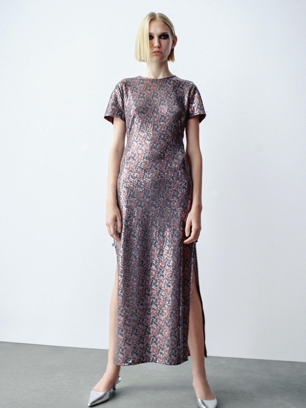 Zara Grey Sequin Long Cut Out Dress Side Buttons Sz XL